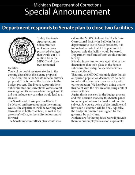 MDOC responds to senate plan to close two facilities