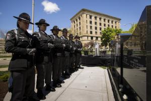 Over 300 attended the unveiling and dedication of the Fallen Officers Memorial, Sunday, May 7, 2017, in front of the MCO headquarters in Lansing. [Photo courtesy of MessageMakers]