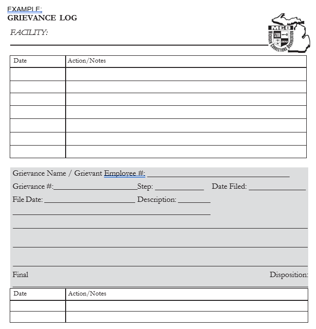 Grievance log Grievance log
